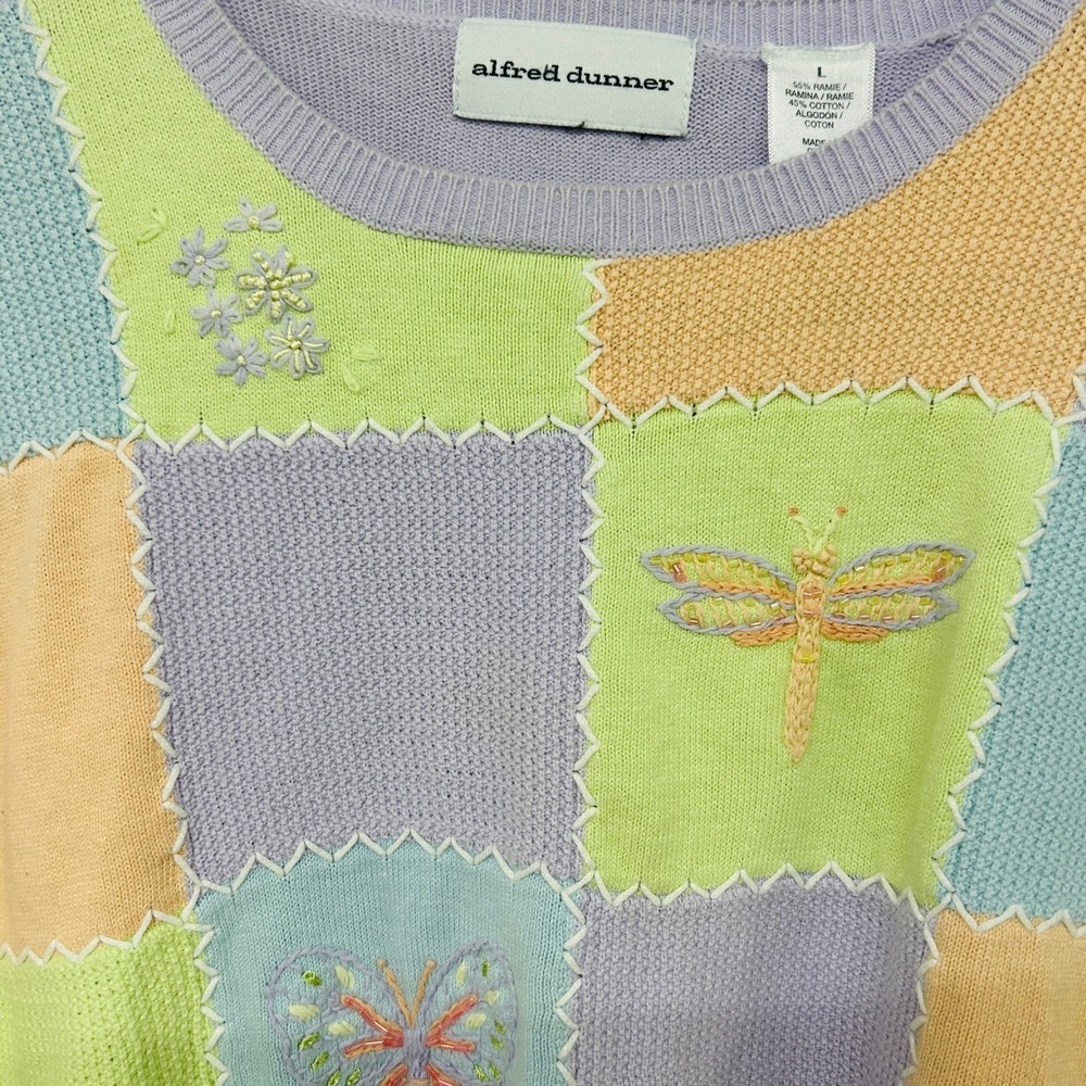 Cottagecore Patchwork Knit Top Large Dragonfly Embroidered Pastel Indie Whimsy - Picture 2 of 9
